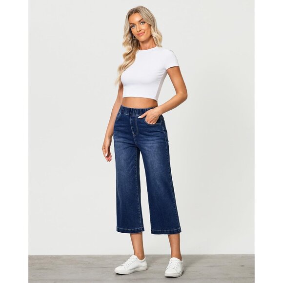 Women’s Wide Leg Capris Denim X-Large High Waist Pockets Stretchy Pants - Picture 6 of 6